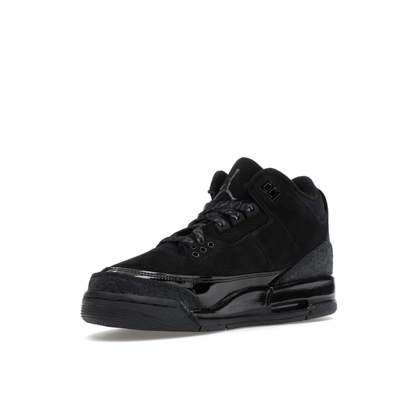Jordan 3 Retro sneakers, front view, in black with tonal branding and classic midsole.