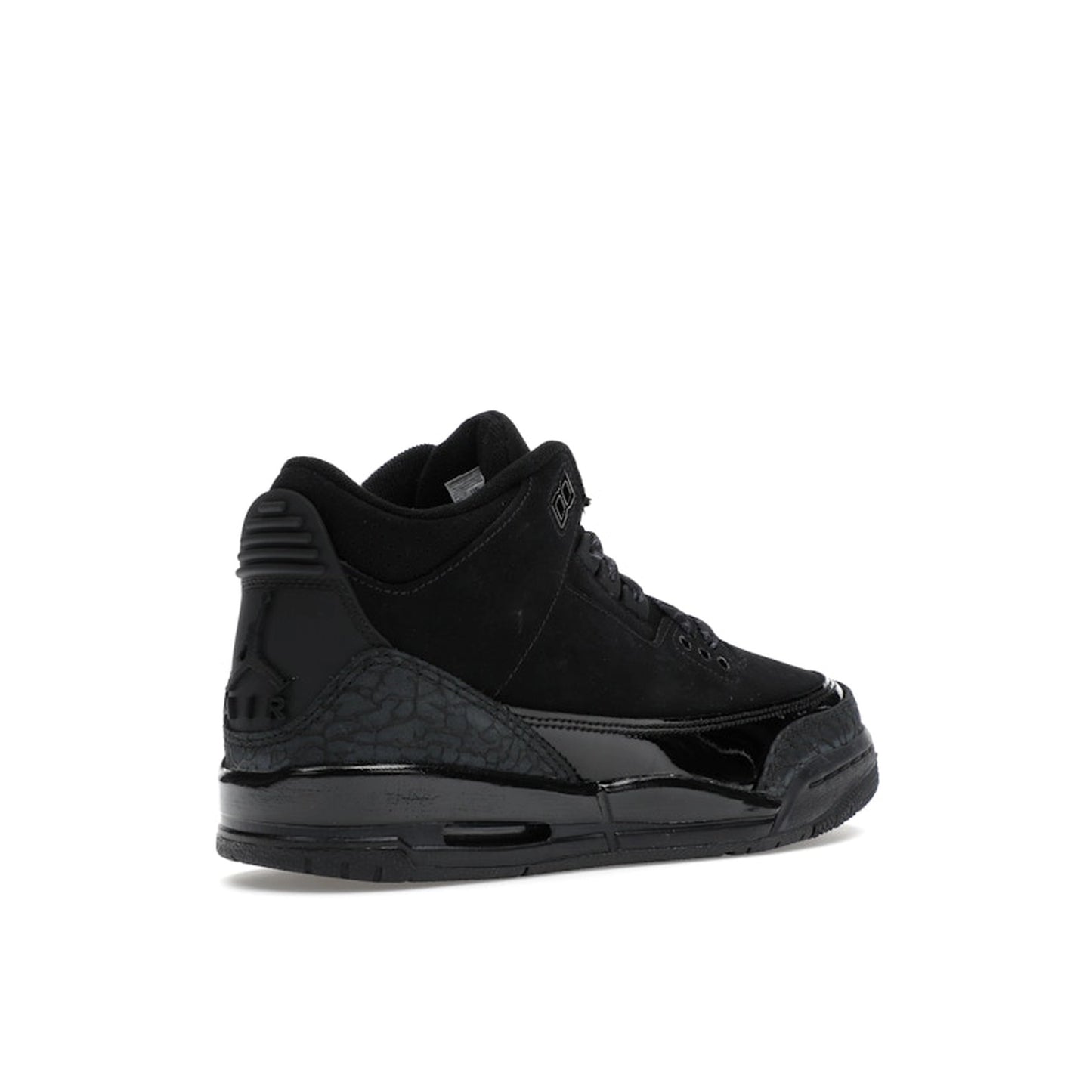 Jordan 3 Retro sneakers, back view, in black with tonal branding and classic midsole.