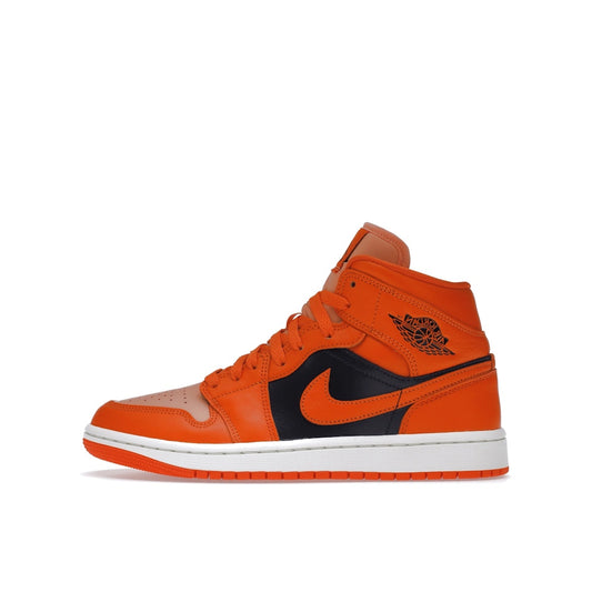 Jordan 1 Mid SE Women's sneakers, side view, model DM3381-600, rush orange with crimson bliss.