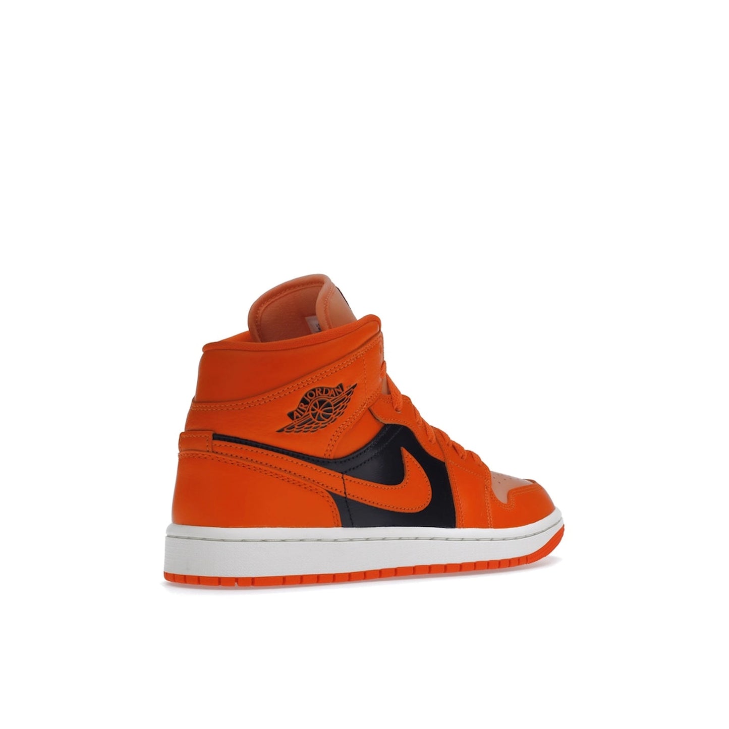 Jordan 1 Mid SE Women's sneakers, back view, model DM3381-600, rush orange with crimson bliss.