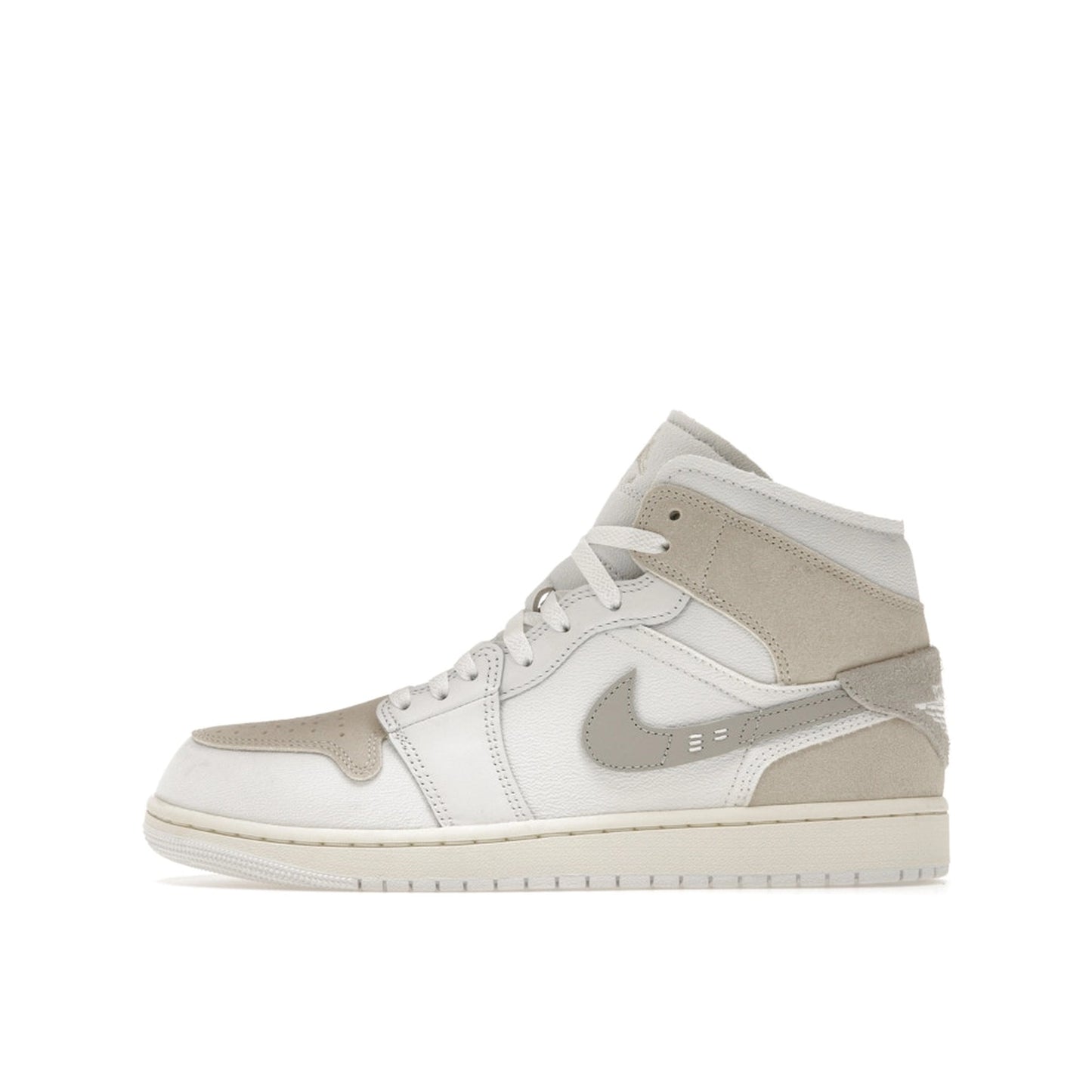 Air Jordan 1 Mid SE Craft sneakers, side view, model DM9652-120, tech grey with white and light grey accents.