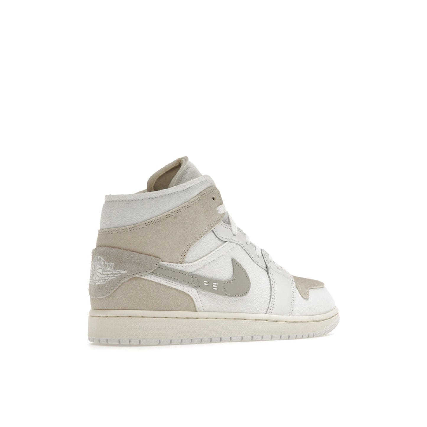Air Jordan 1 Mid SE Craft sneakers, back view, model DM9652-120, tech grey with white and light grey accents.