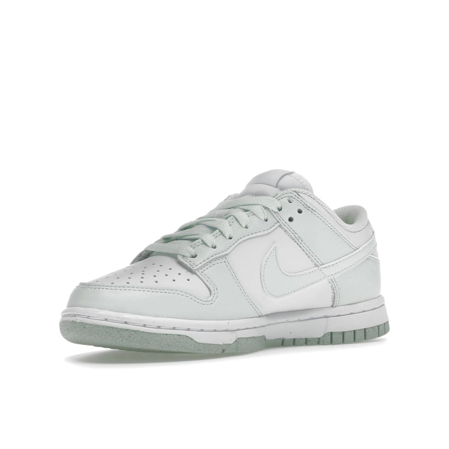 Nike Dunk Low Next Nature Women's sneakers, front view, model DN1431-102 in white with mint green details.