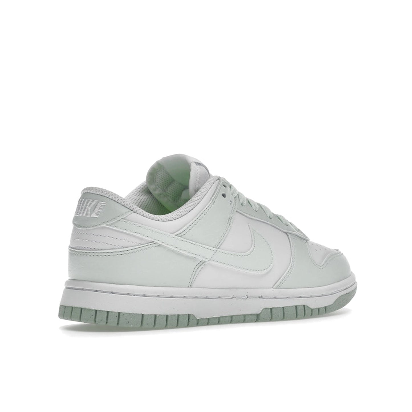 Nike Dunk Low Next Nature Women's sneakers, back view, model DN1431-102 in white with mint green details.