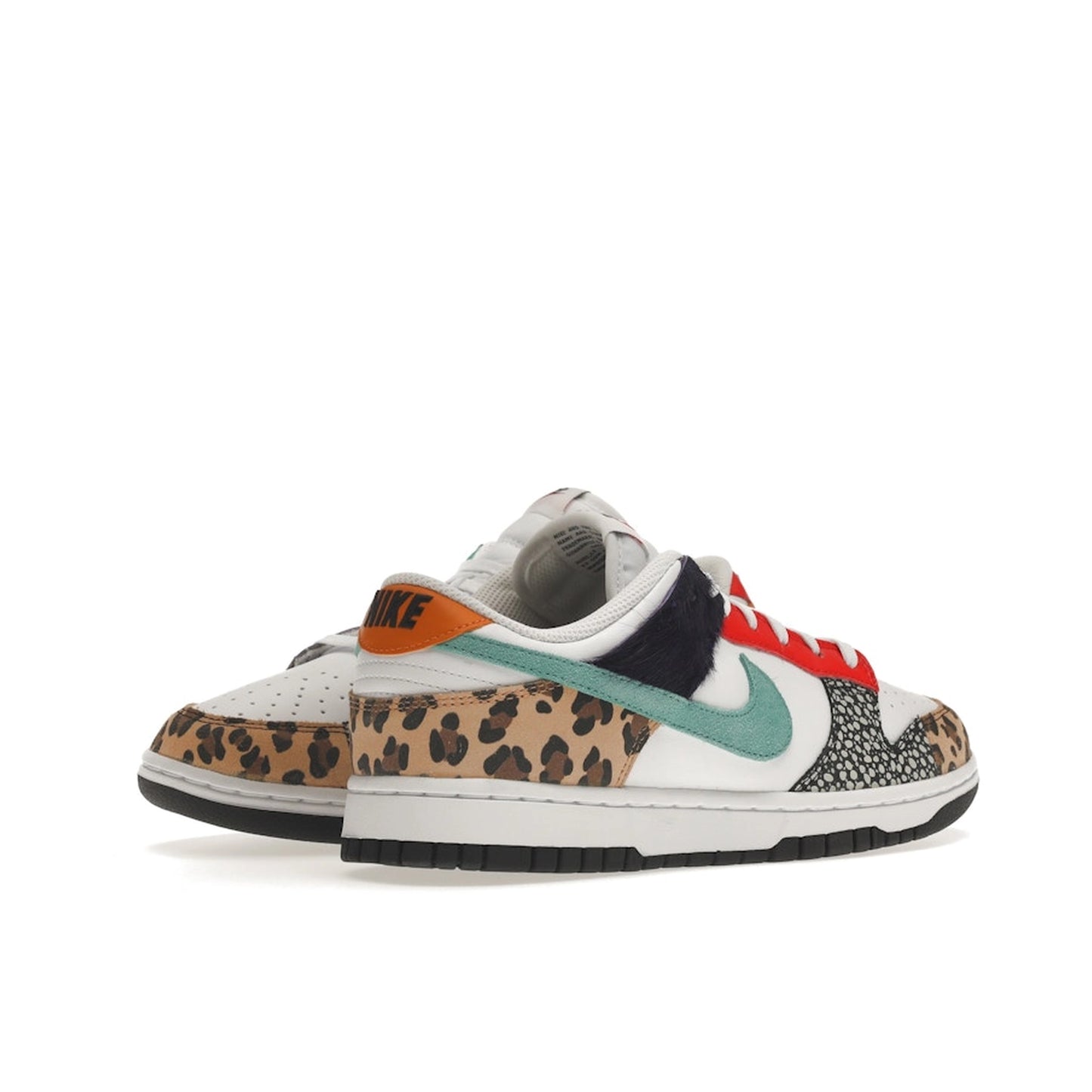 Nike Dunk Low Safari Mix sneakers, back view, model DN3866-100 for women in safari multicolor.