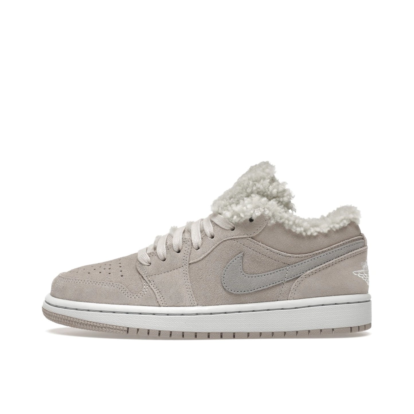 Jordan 1 Low SE Sherpa Fleece sneakers, side view, model DO0750-002, women's, in black with fleece accents.