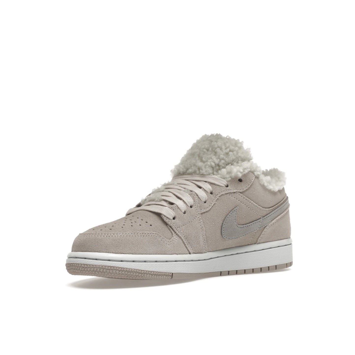 Jordan 1 Low SE Sherpa Fleece sneakers, front view, model DO0750-002, women's, in black with fleece accents.