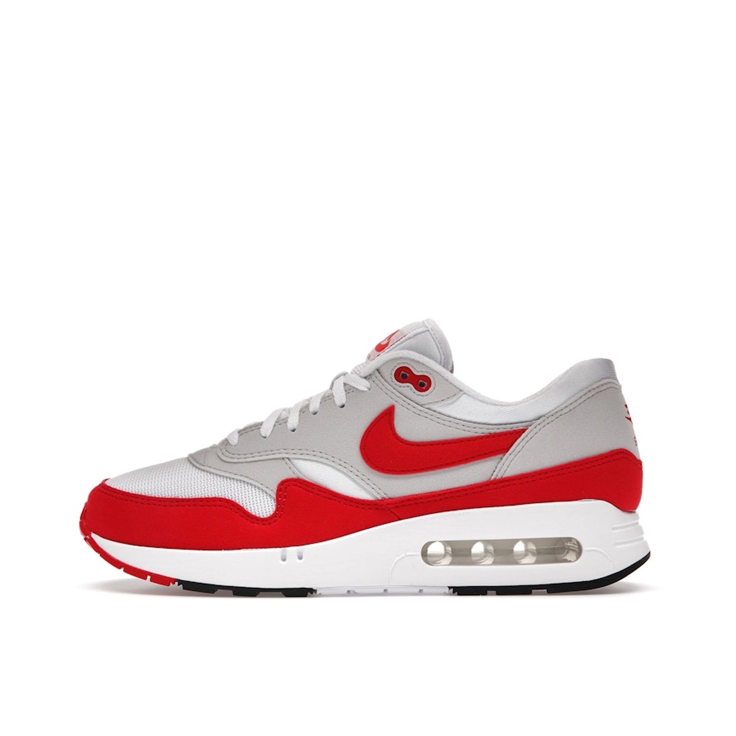 Nike Air Max 1 86 OG Big Bubble Sport Red sneakers, side view, model DQ3989-100 in white and sport red.