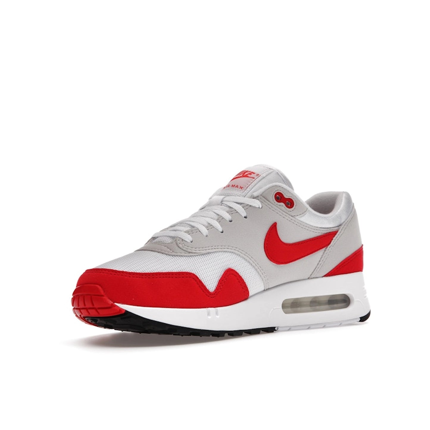 Nike Air Max 1 86 OG Big Bubble Sport Red sneakers, front view, model DQ3989-100 in white and sport red.