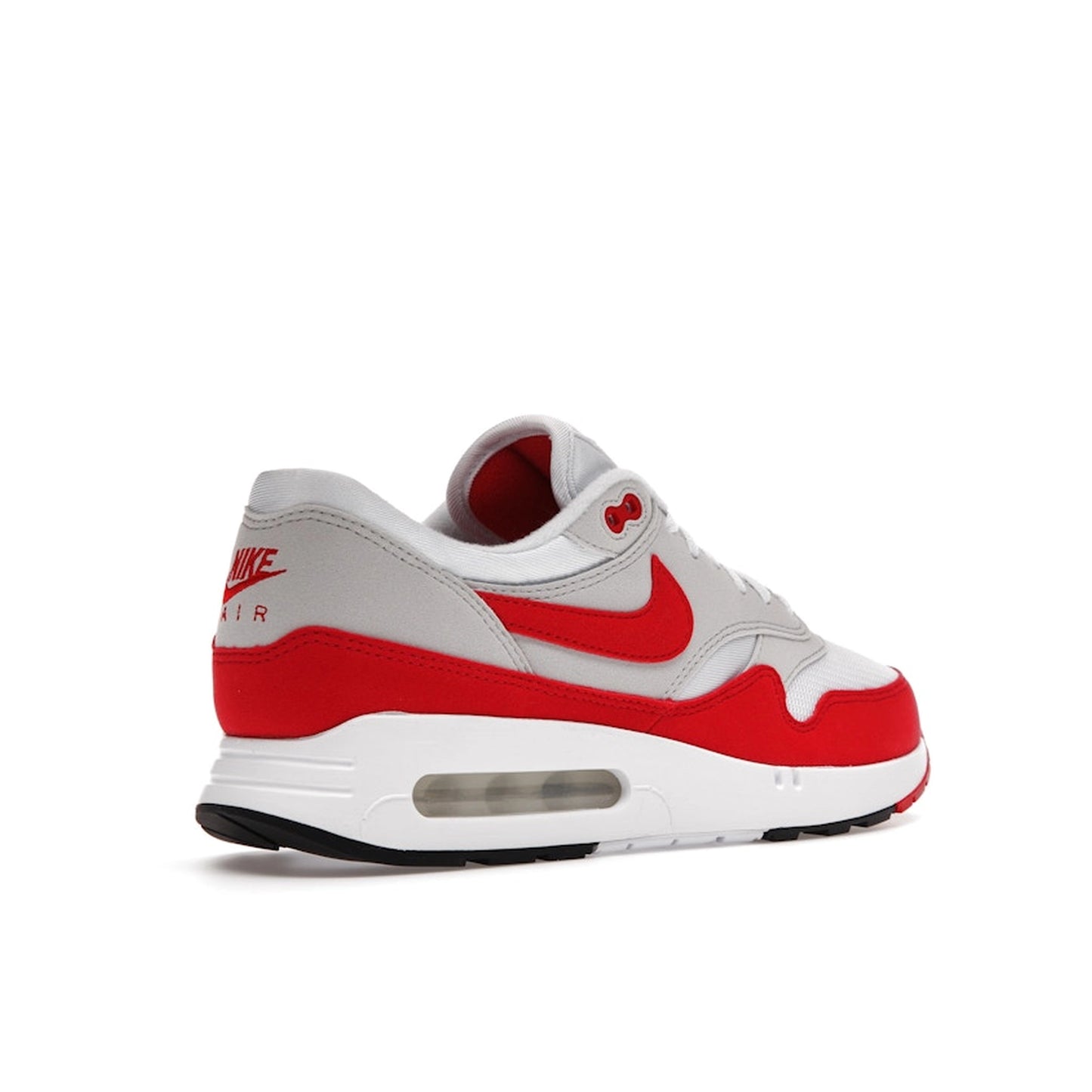 Nike Air Max 1 86 OG Big Bubble Sport Red sneakers, back view, model DQ3989-100 in white and sport red.
