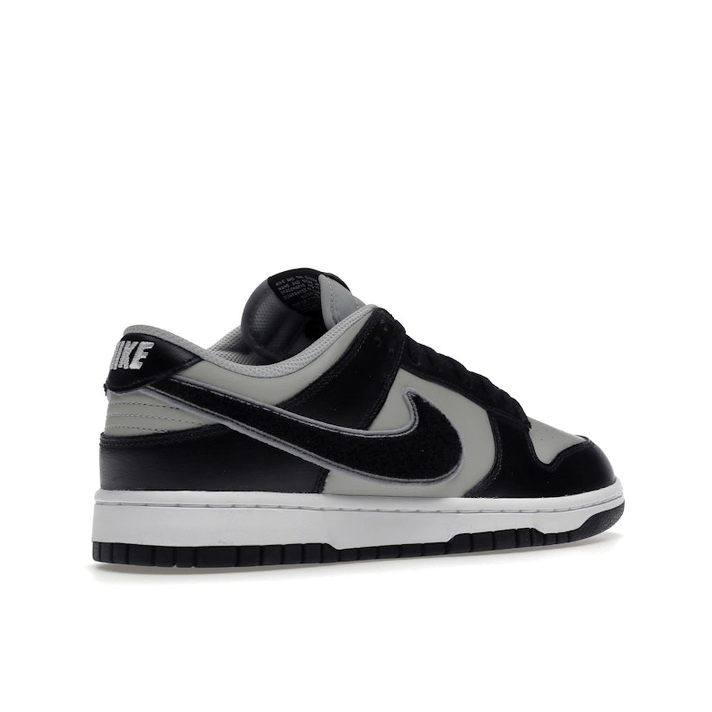 Nike Dunk Low Chenille Swoosh sneakers, back view, model DQ7683-001 in black and grey.