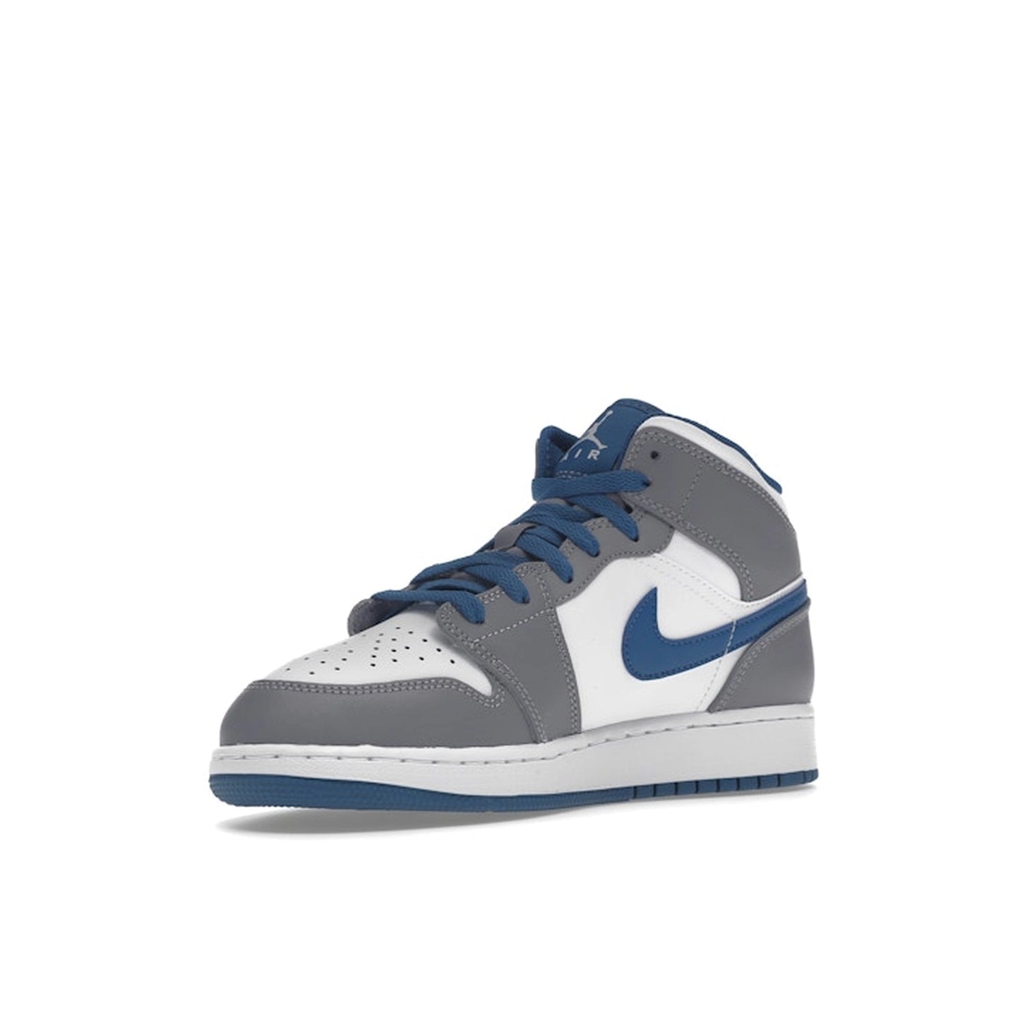 Jordan 1 Mid GS sneakers, front view, in true blue with cement grey and white accents.