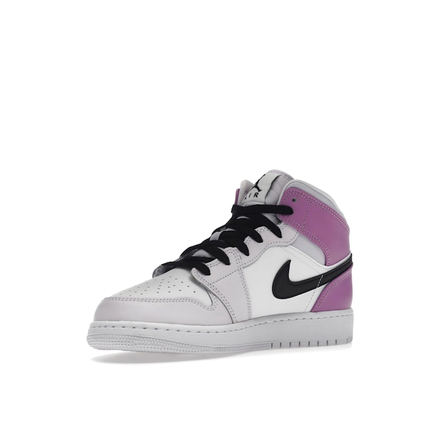Jordan 1 Mid GS sneakers, front view, in barely grape with white and purple accents.
