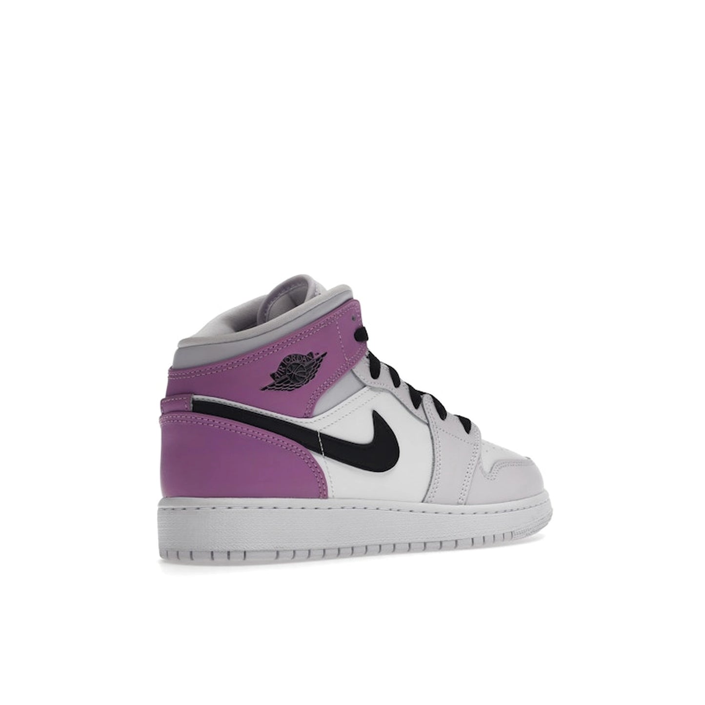 Jordan 1 Mid GS sneakers, back view, in barely grape with white and purple accents.