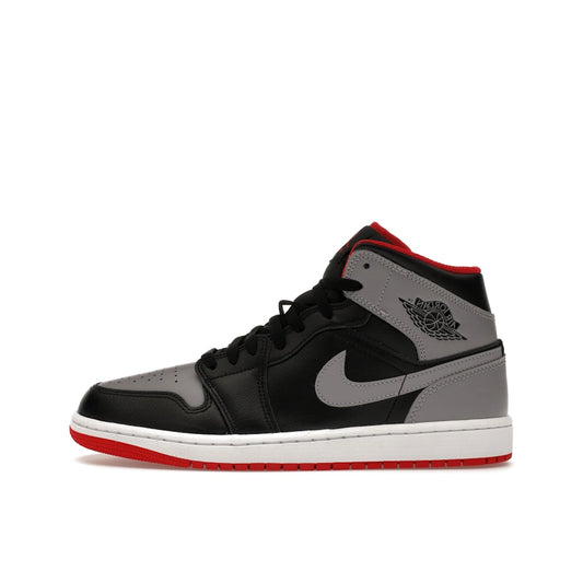 Jordan 1 Mid Bred Shadow sneakers, side view, model DQ8426-006, in black and red.
