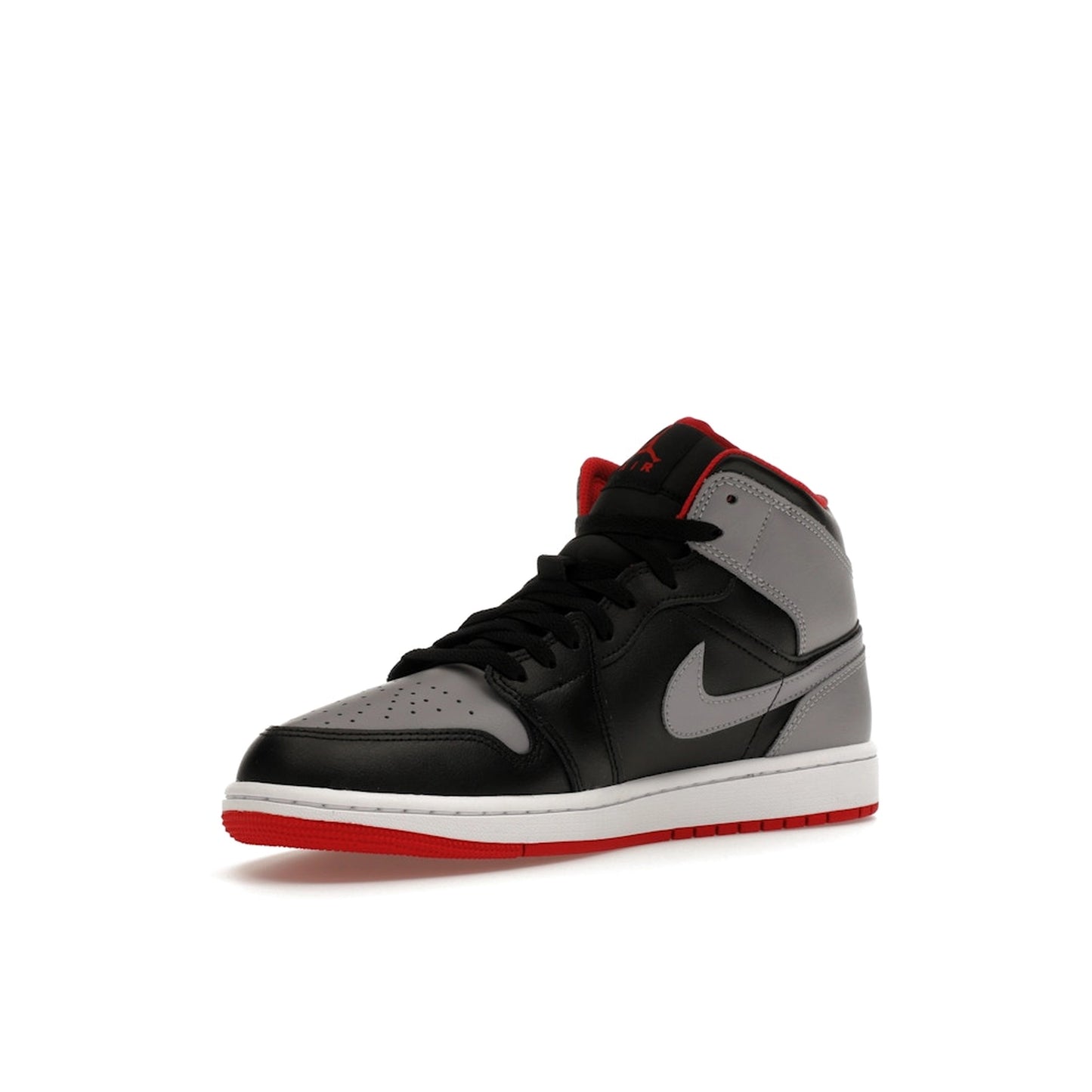 Jordan 1 Mid Bred Shadow sneakers, front view, model DQ8426-006, in black and red.
