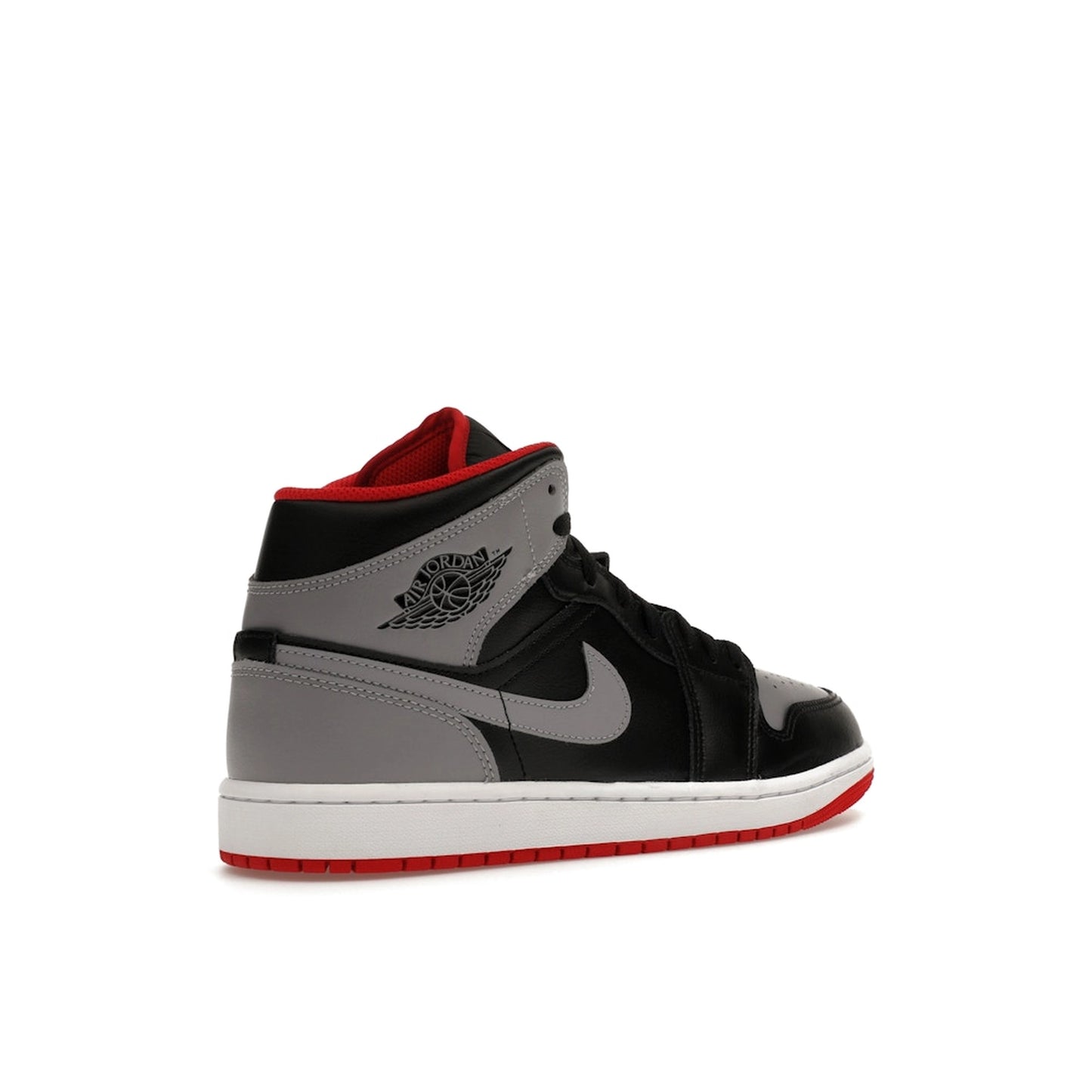Jordan 1 Mid Bred Shadow sneakers, back view, model DQ8426-006, in black and red.