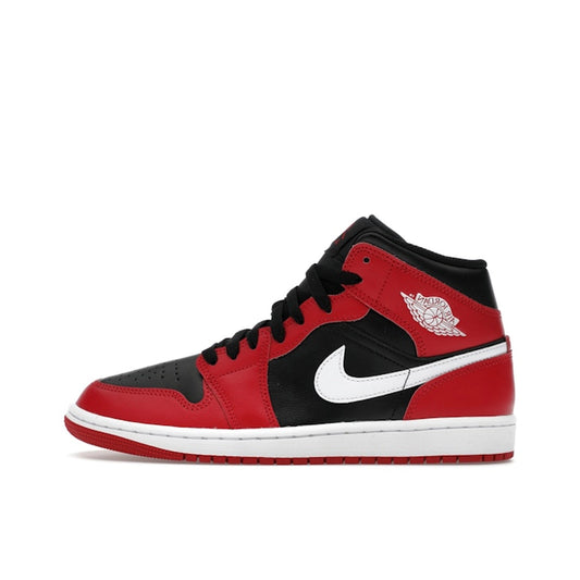 Jordan 1 Mid Gym Red Black White, side view, bold red overlays on a white leather base with black details.