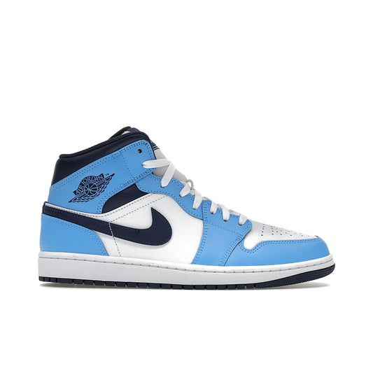 Jordan 1 Mid University Blue in blue, white, black leather