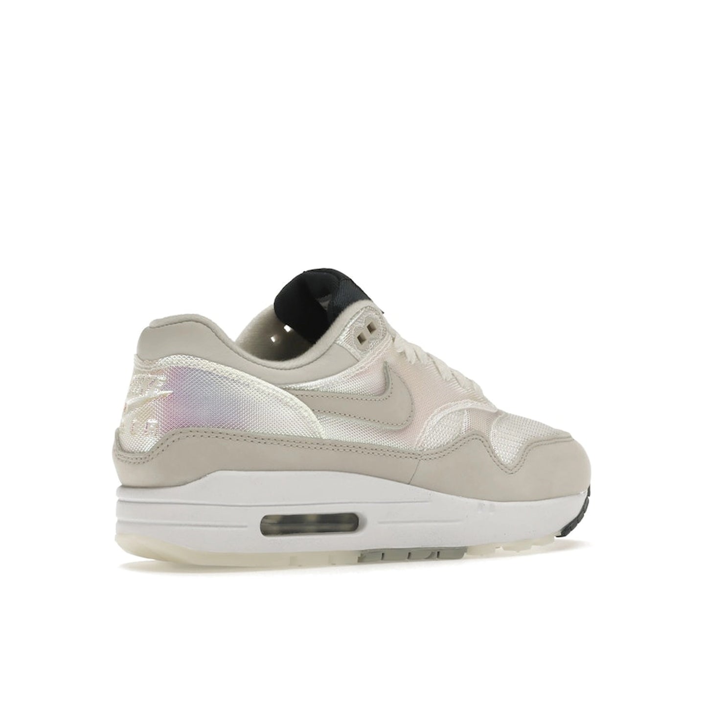 Nike Air Max 1 AMD La Ville Lumière Women's sneakers, back view, model DQ9326-100 in white with light accents.