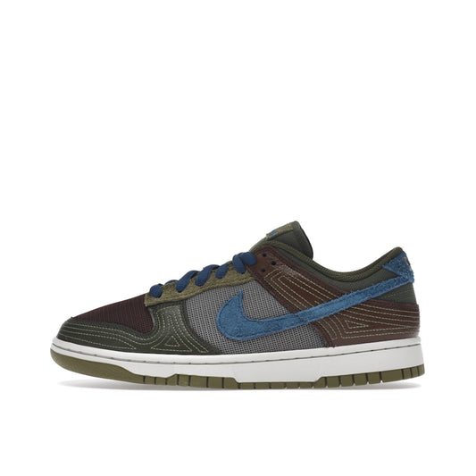 Nike Dunk Low NH Cacao Wow sneakers, side view, model DR0159-200, in cacao brown with green and blue accents.