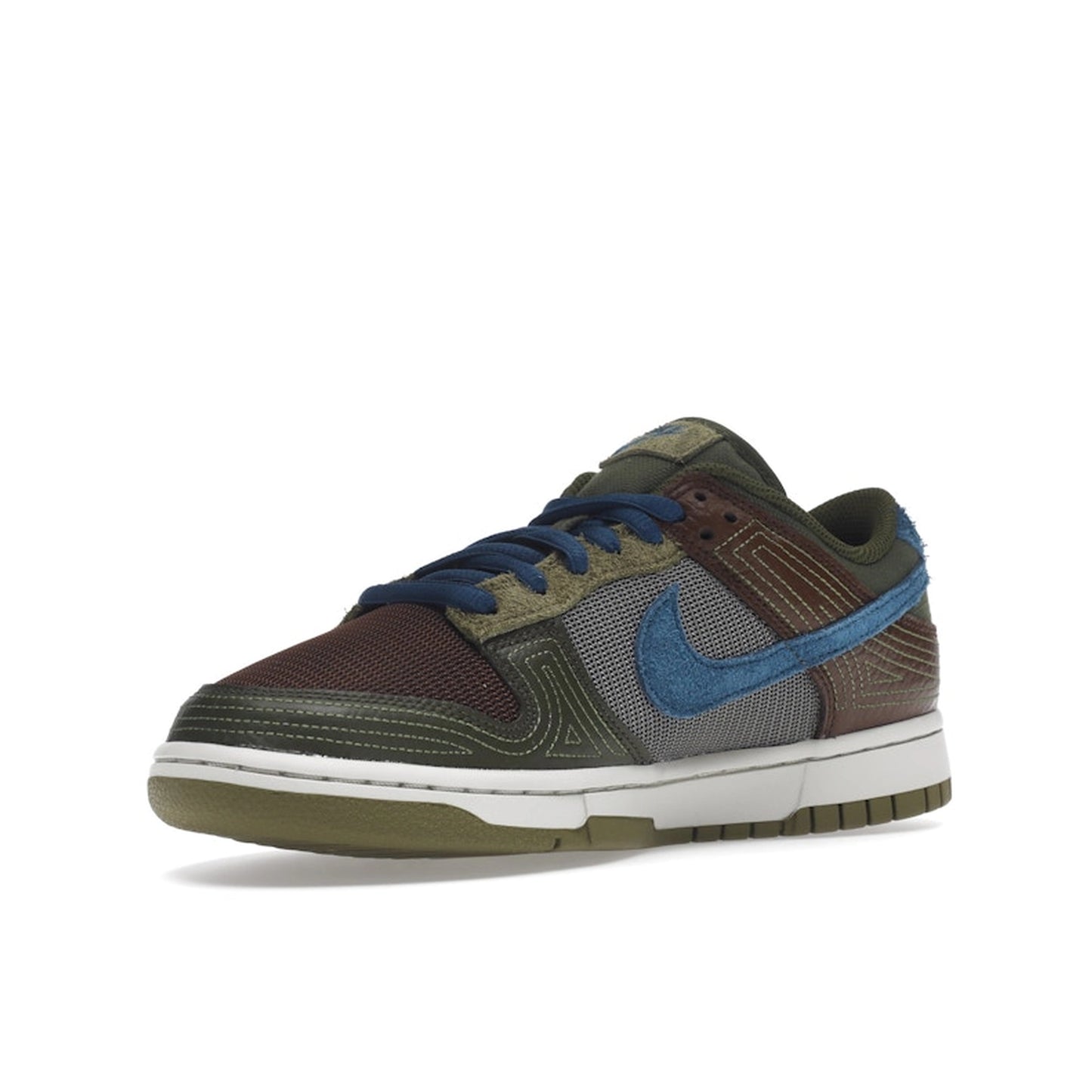 Nike Dunk Low NH Cacao Wow sneakers, front view, model DR0159-200, in cacao brown with green and blue accents.