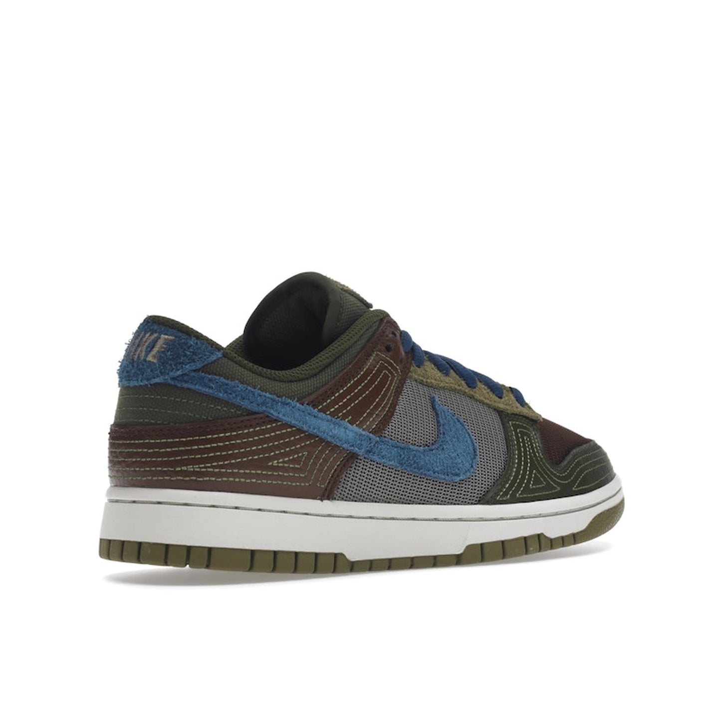 Nike Dunk Low NH Cacao Wow sneakers, back view, model DR0159-200, in cacao brown with green and blue accents.