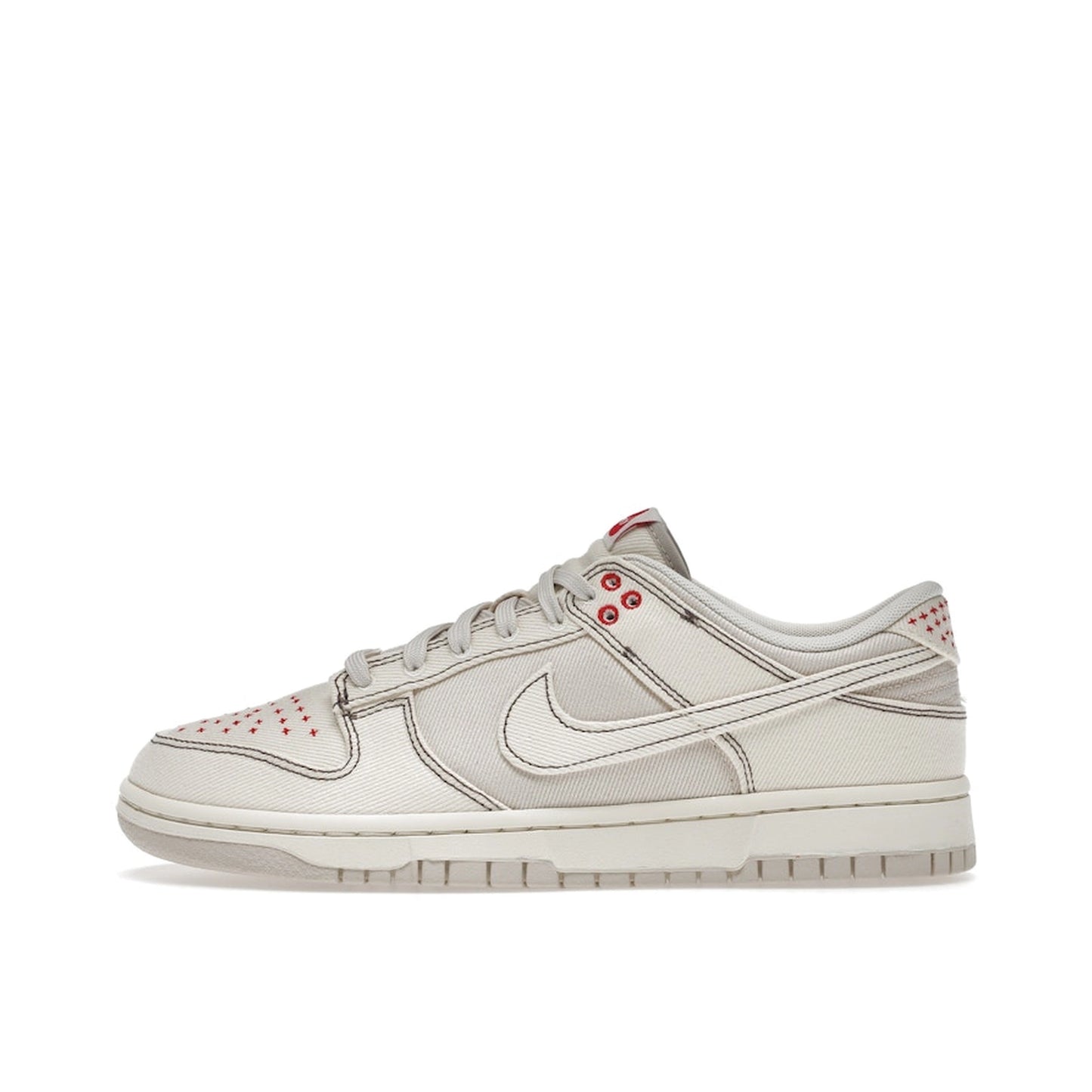 Nike Dunk Low Light Orewood Brown Sashiko sneakers, side view, model DV0834-100, in light orewood brown with sashiko details.