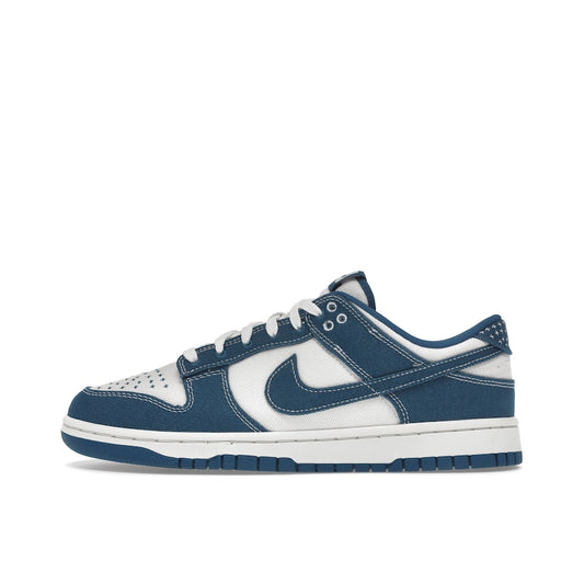 Nike Dunk Low Industrial Blue Sashiko sneakers, side view, model DV0834-101, in white with industrial blue and sashiko embroidery.