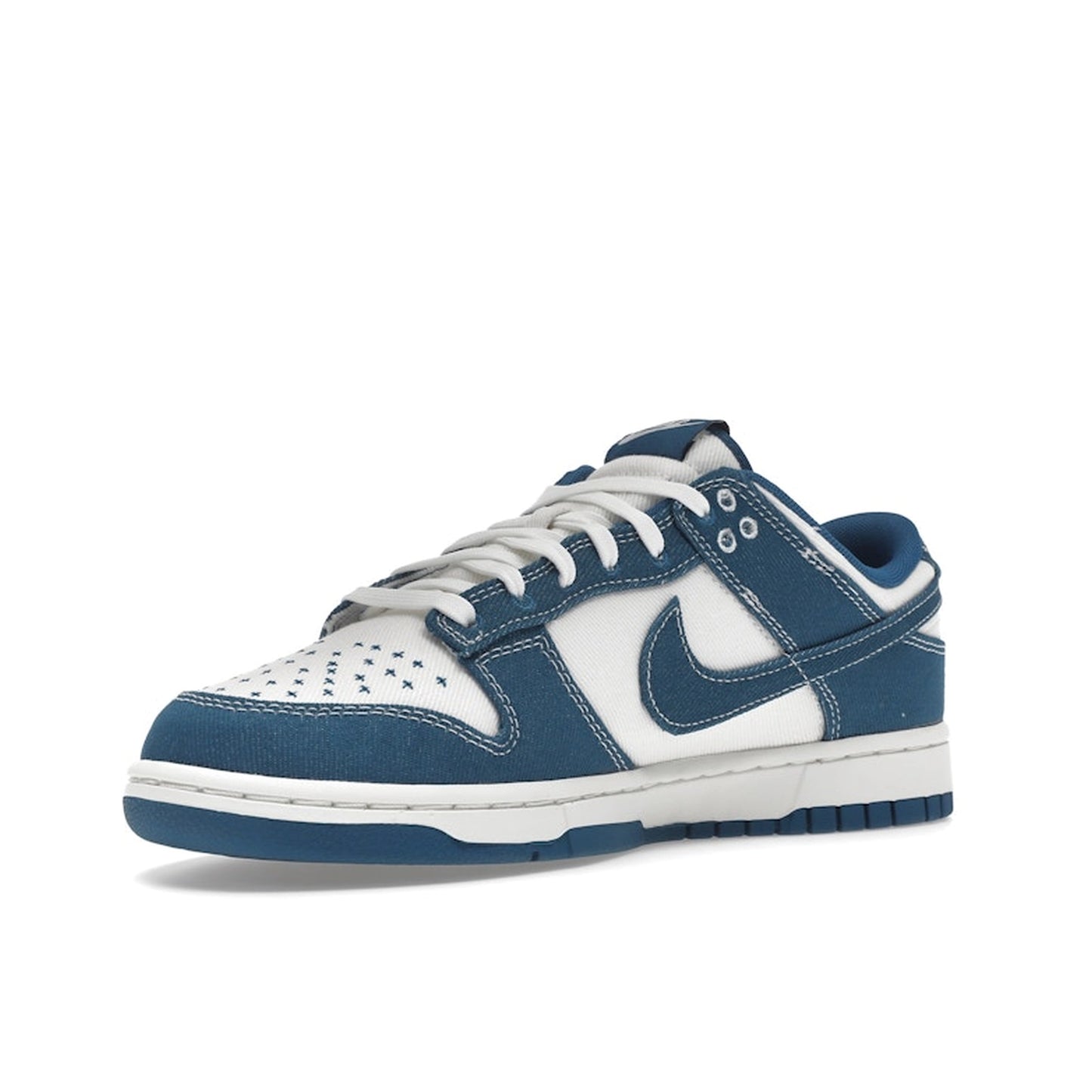 Nike Dunk Low Industrial Blue Sashiko sneakers, front view, model DV0834-101, in white with industrial blue and sashiko embroidery.