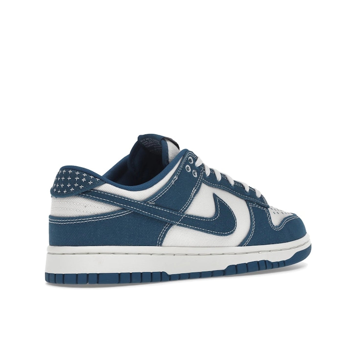 Nike Dunk Low Industrial Blue Sashiko sneakers, back view, model DV0834-101, in white with industrial blue and sashiko embroidery.