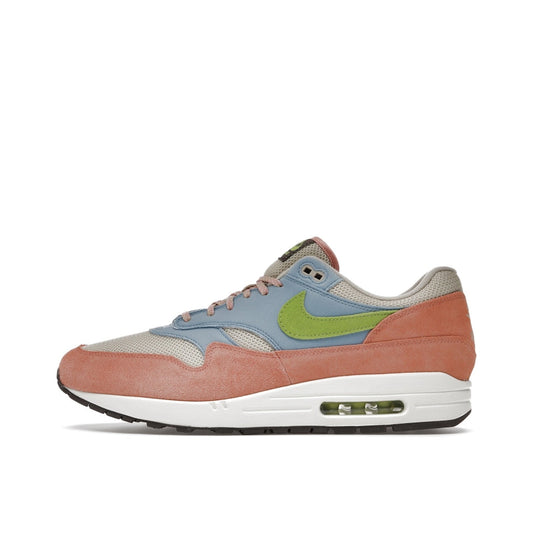 Nike Air Max 1 Light Madder Root Worn Blue sneakers, sole view, model DV3196-800, light madder root with worn blue accents.