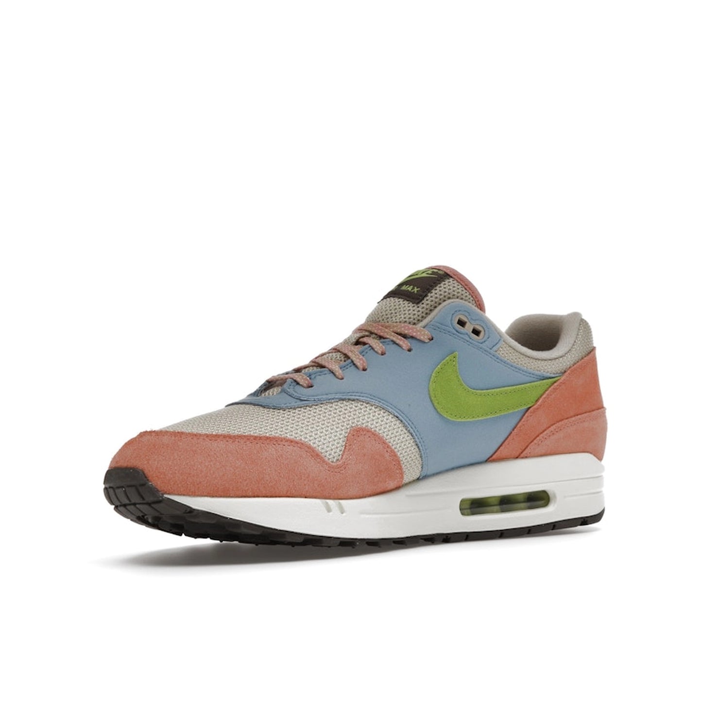 Nike Air Max 1 Light Madder Root Worn Blue sneakers, sole view, model DV3196-800, light madder root with worn blue accents.