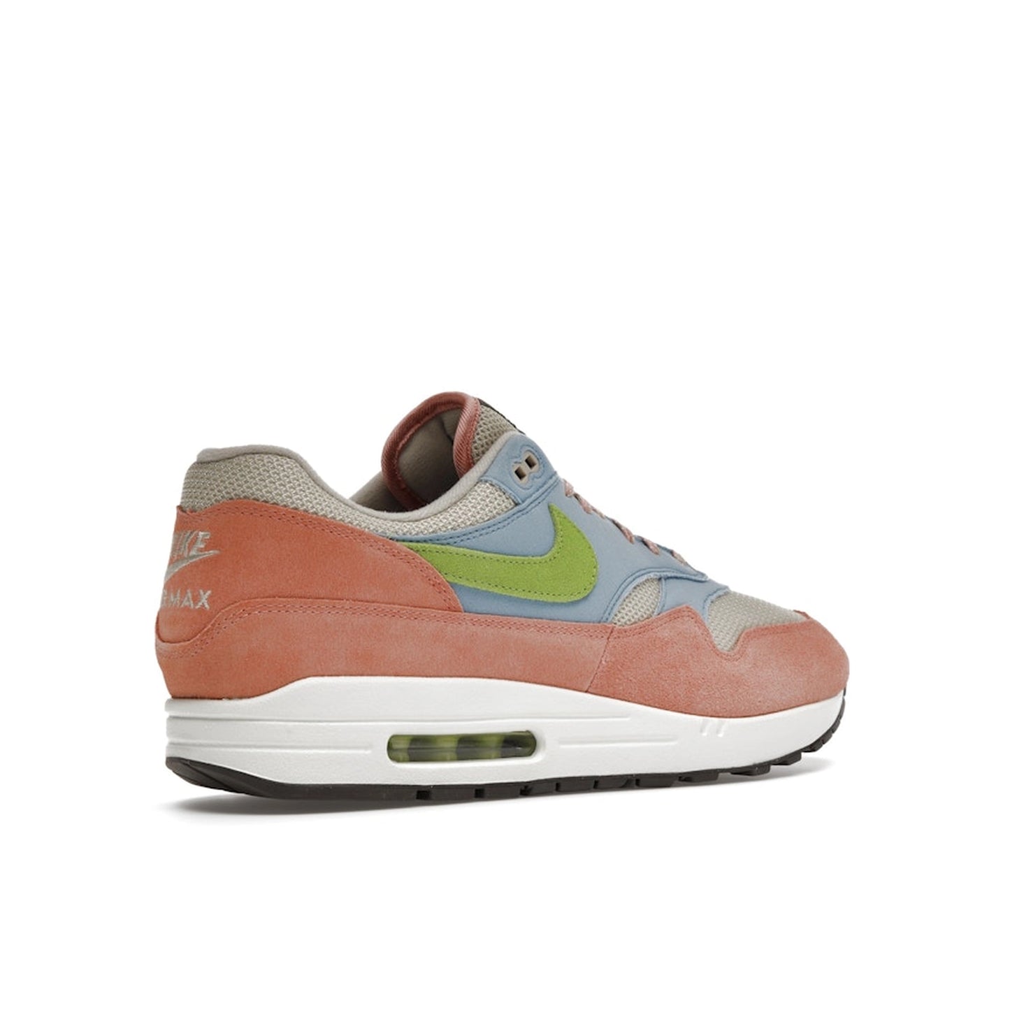 Nike Air Max 1 Light Madder Root Worn Blue sneakers, sole view, model DV3196-800, light madder root with worn blue accents.