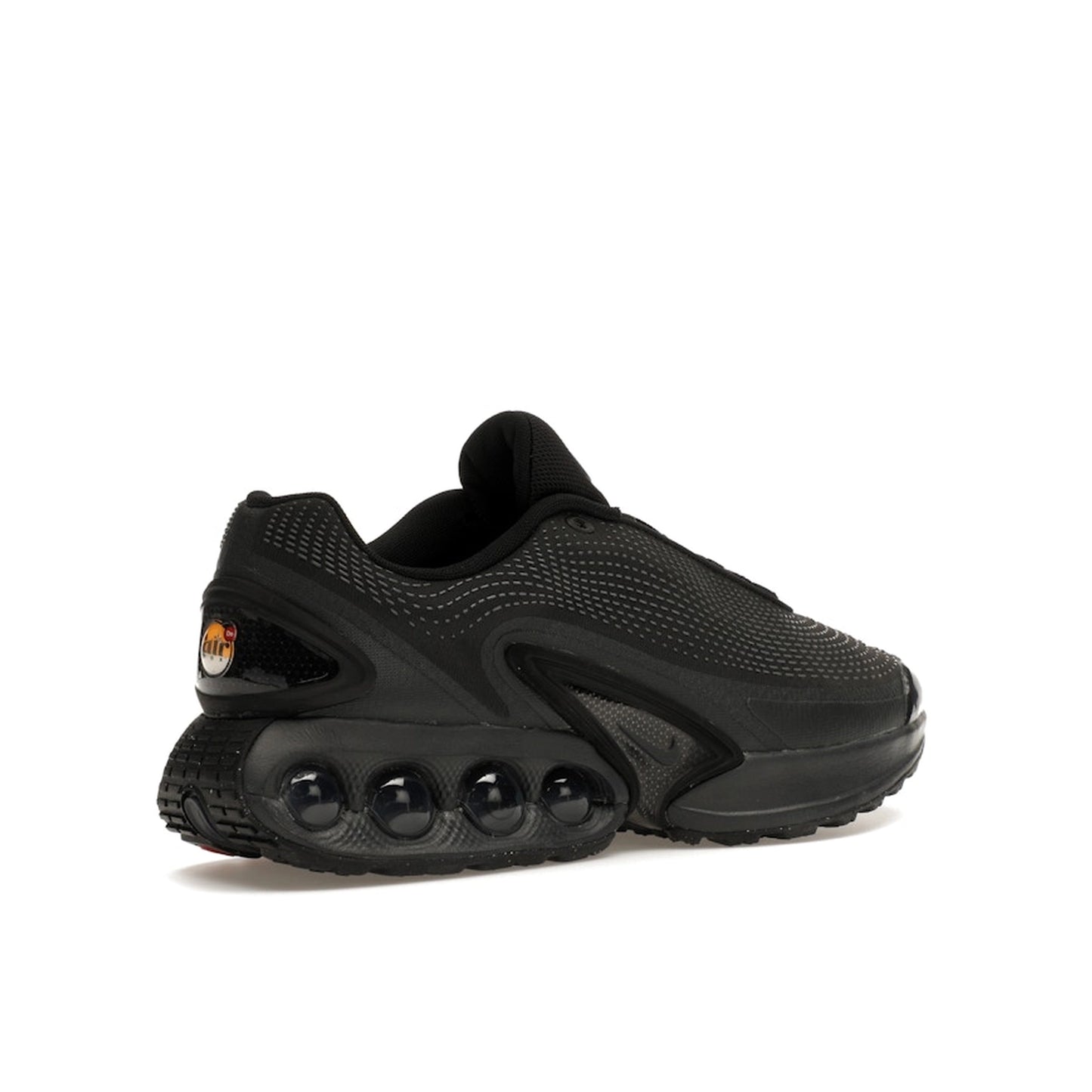 Nike Air Max DN sneakers, back view, model DV3337-002 in black with dark smoke grey details.