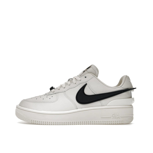 Nike Air Force 1 Low SP AMBUSH sneakers, side view, model DV3464-002, in Phantom white with black 3D swoosh.