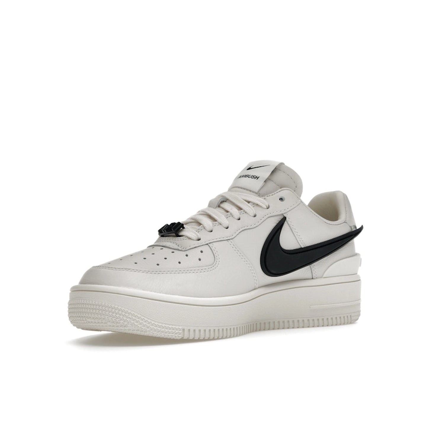 Nike Air Force 1 Low SP AMBUSH sneakers, front view, model DV3464-002, in Phantom white with black 3D swoosh.