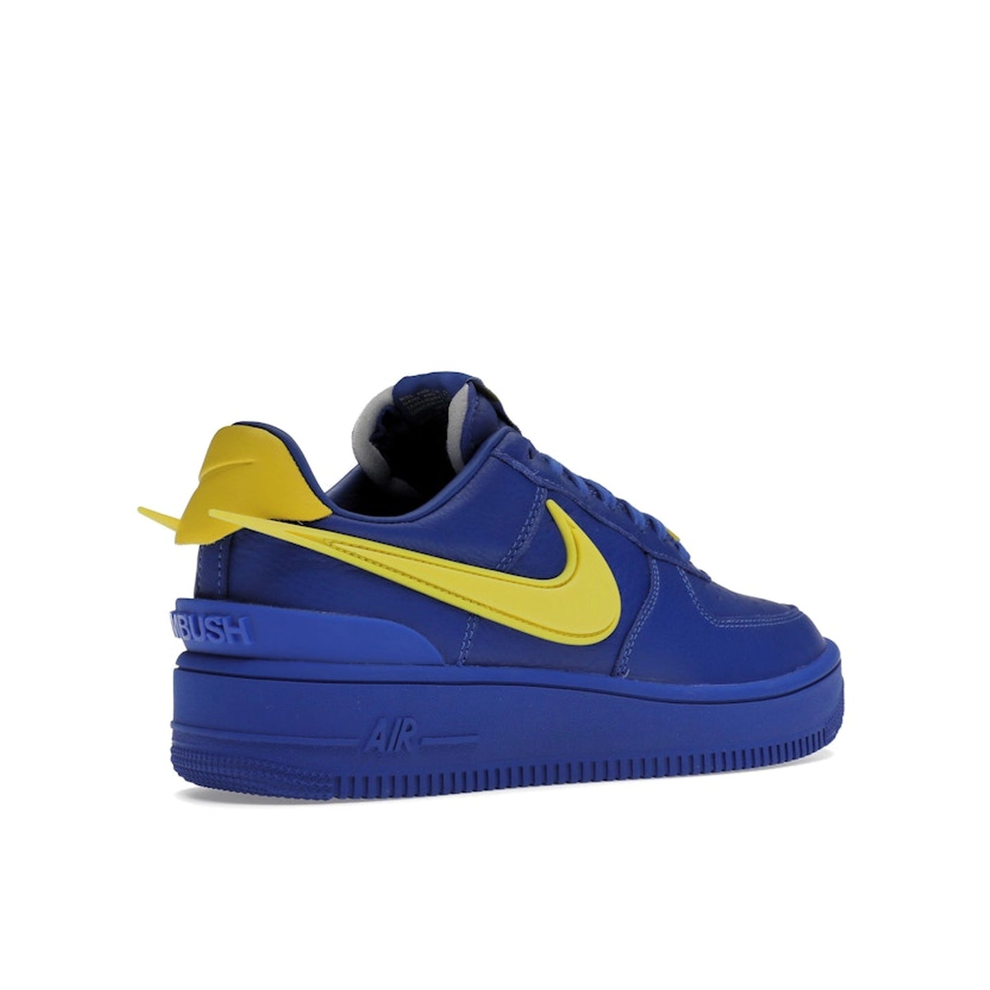 Nike Air Force 1 Low SP Ambush sneakers, back view, model DV3464-400, in game royal with yellow swoosh.