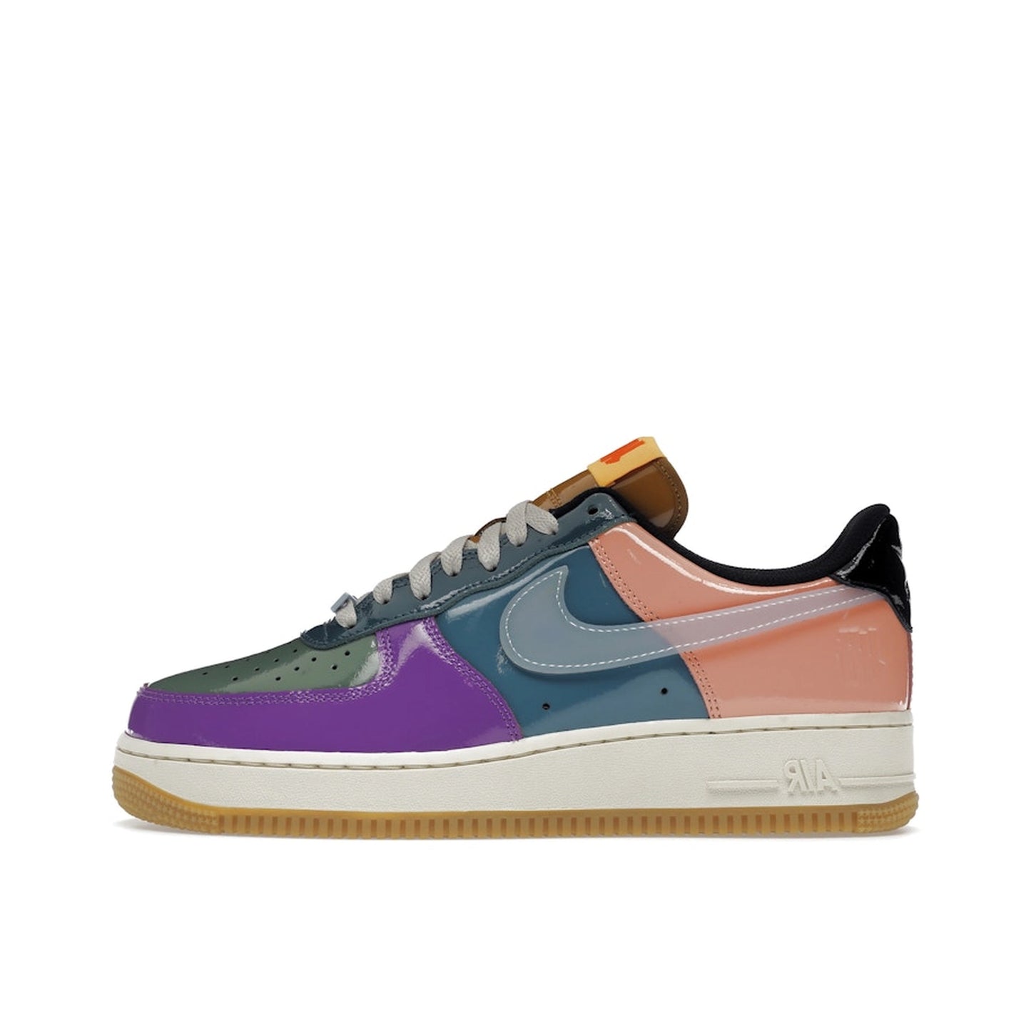 Nike Air Force 1 Low SP Undefeated Wild Berry sneakers, side view, model DV5255-500, multi-color patent with berry accents.