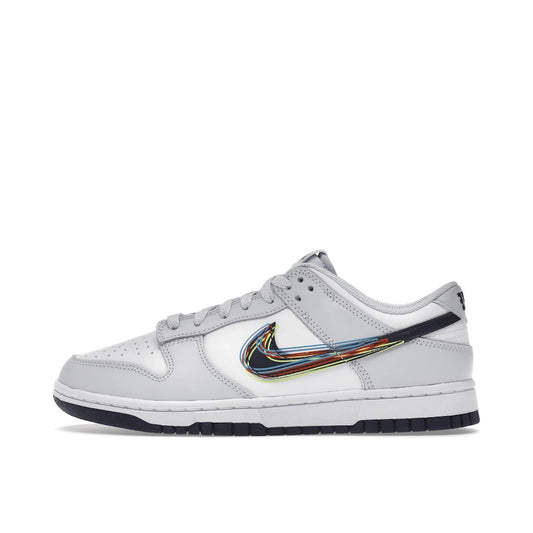 Nike Dunk Low 3D Swoosh sneakers, side view, model DV6482-100, in white and grey with colorful swoosh accents.