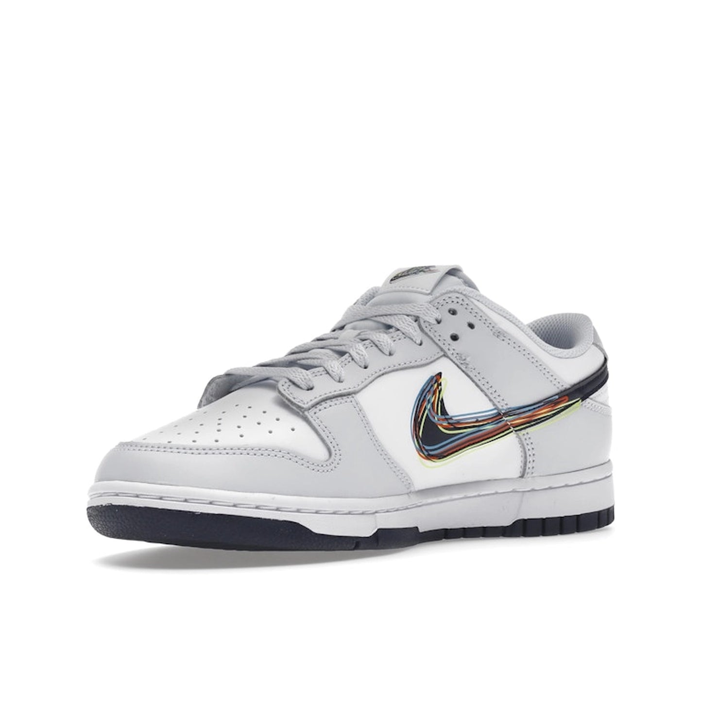 Nike Dunk Low 3D Swoosh sneakers, front view, model DV6482-100, in white and grey with colorful swoosh accents.