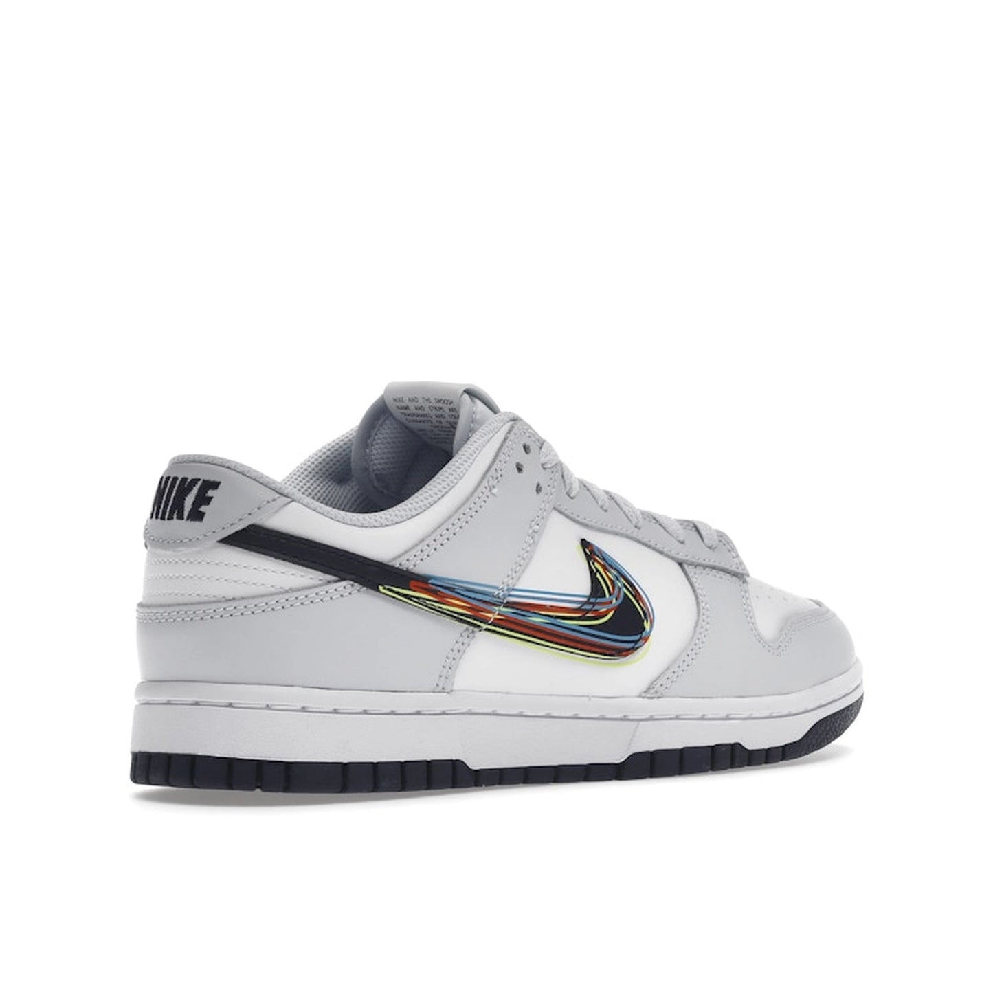 Nike Dunk Low 3D Swoosh sneakers, back view, model DV6482-100, in white and grey with colorful swoosh accents.