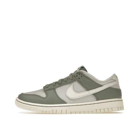 Nike Dunk Low sneakers, side view, model DV7212-300 in mica green with white and grey details.
