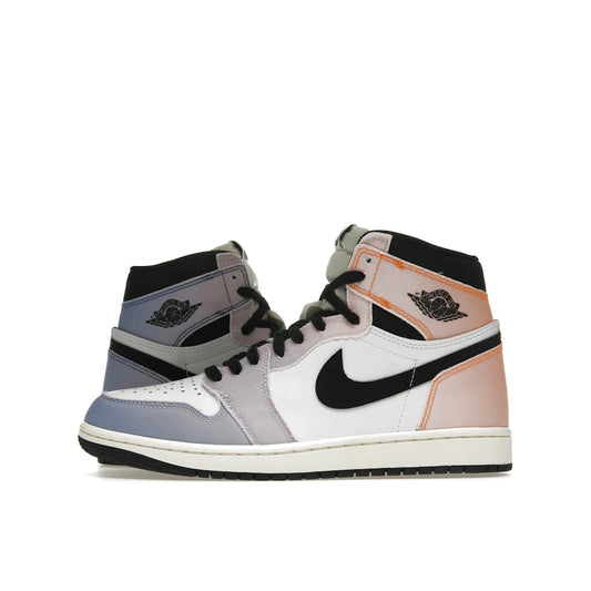 Jordan 1 Retro High OG Skyline sneakers, side view, model DX0054-805, gradient sunset colors.