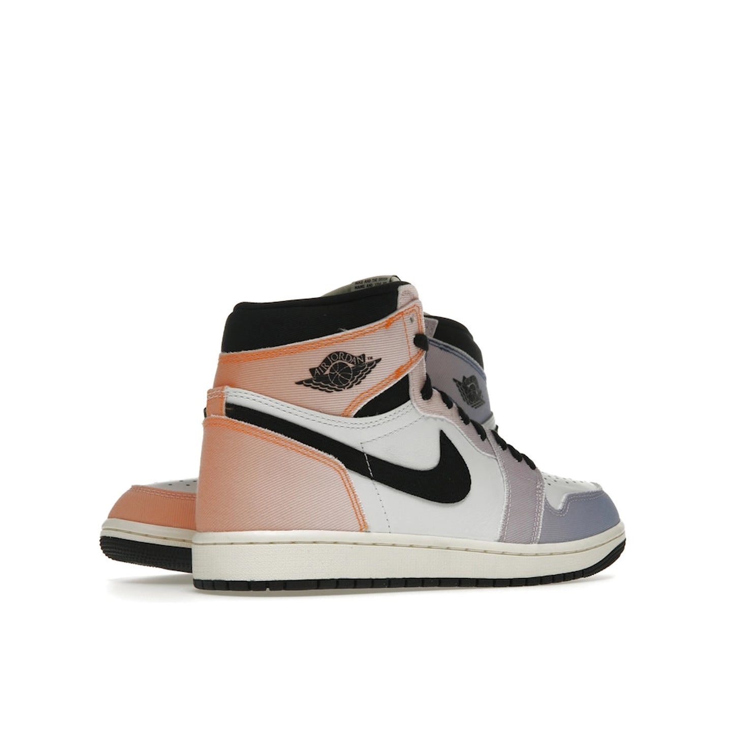 Jordan 1 Retro High OG Skyline sneakers, back view, model DX0054-805, gradient sunset colors.