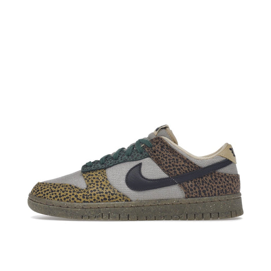 Nike Dunk Low Safari sneakers in Golden Moss, side view, model DX2654-200 in brown and green.