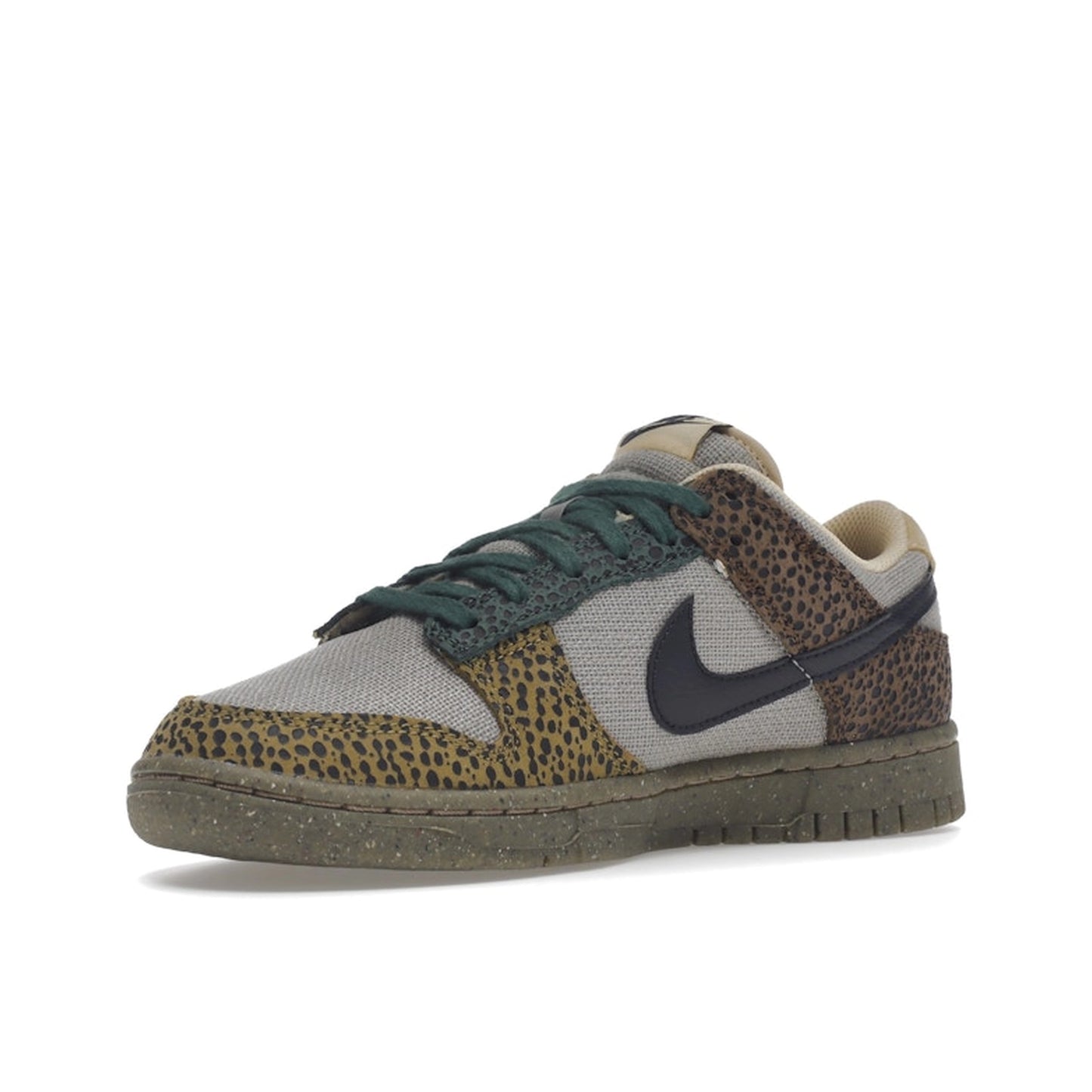 Nike Dunk Low Safari sneakers in Golden Moss, front view, model DX2654-200 in brown and green.