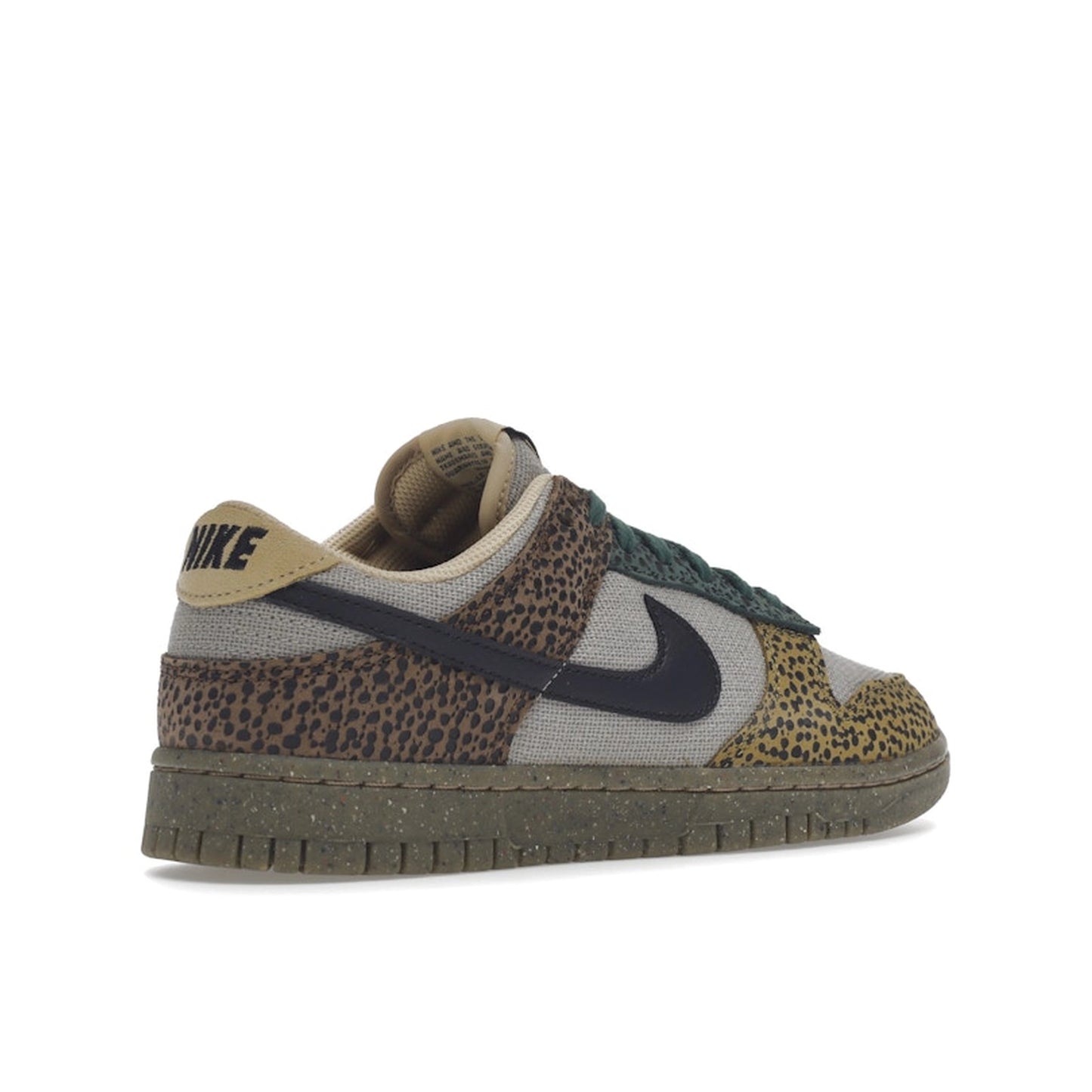 Nike Dunk Low Safari sneakers in Golden Moss, back view, model DX2654-200 in brown and green.