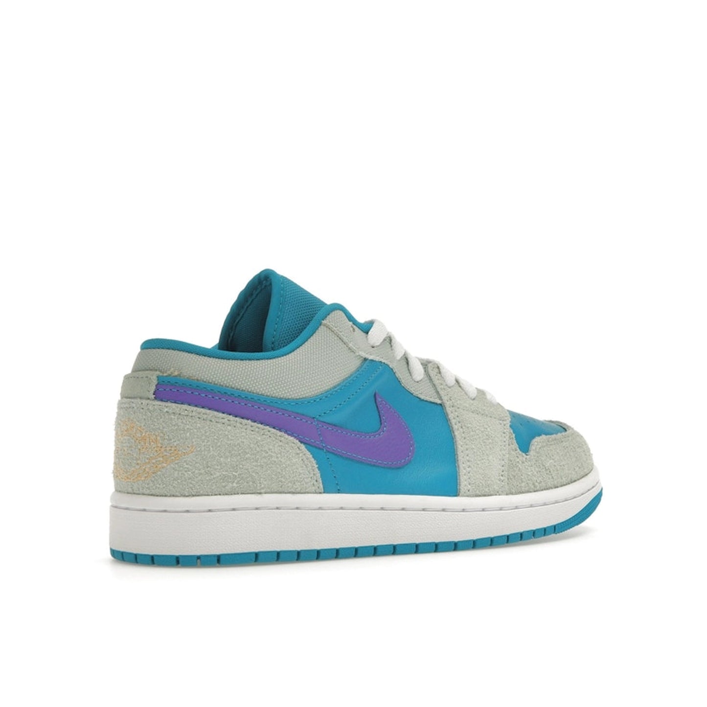 Jordan 1 Low SE Pistachio Frost Aquatone, back view, in minty green with blue accents.