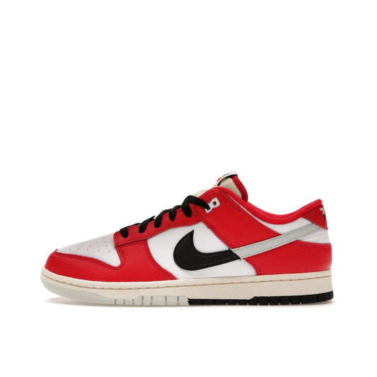 Nike Dunk Low Chicago Split sneakers, side view, model DZ2536-600, in red and white with black accents.